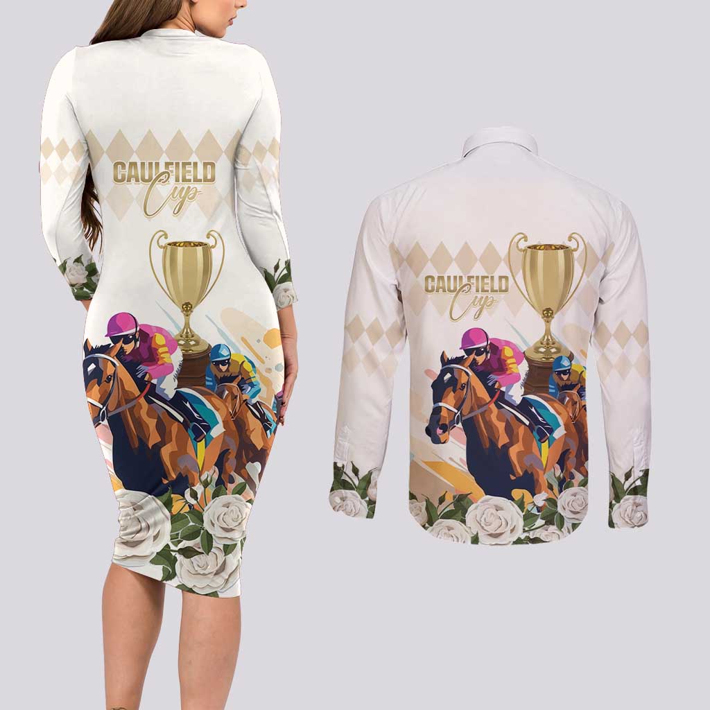 Australia Cup Caulfield Horse Racing Couples Matching Long Sleeve Bodycon Dress and Long Sleeve Button Shirt Champion Trophy Mix White Roses - Wonder Print Shop