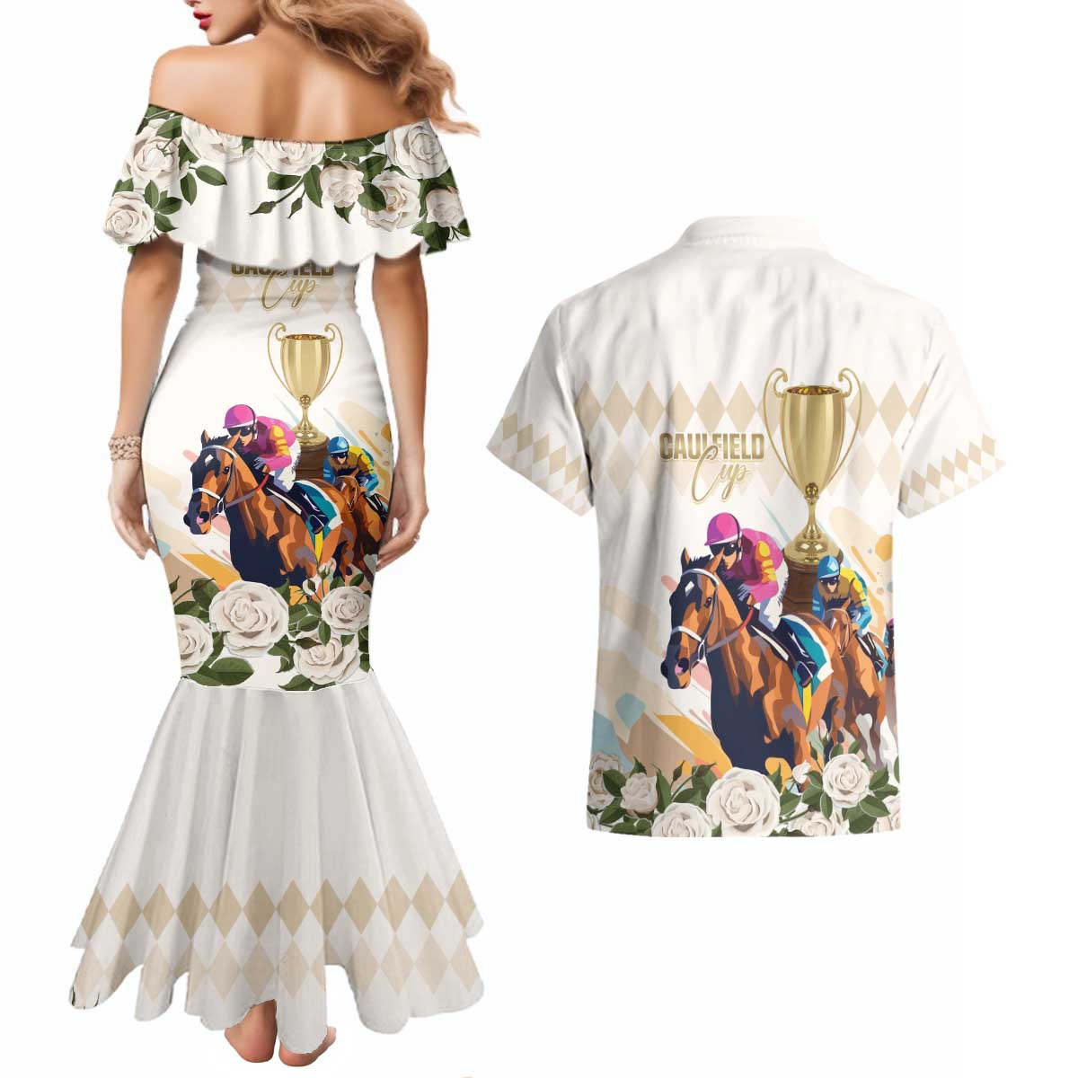 Australia Cup Caulfield Horse Racing Couples Matching Mermaid Dress and Hawaiian Shirt Champion Trophy Mix White Roses - Wonder Print Shop