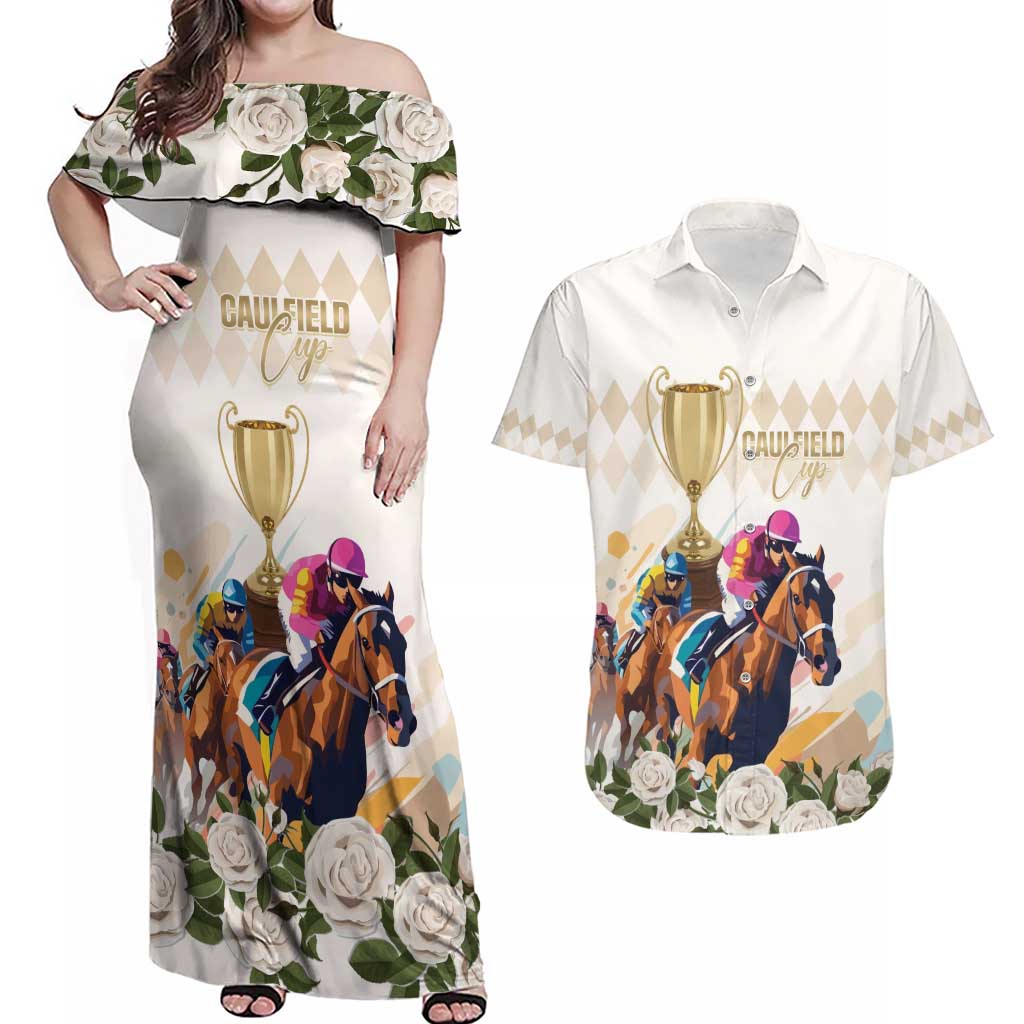 Australia Cup Caulfield Horse Racing Couples Matching Off Shoulder Maxi Dress and Hawaiian Shirt Champion Trophy Mix White Roses - Wonder Print Shop