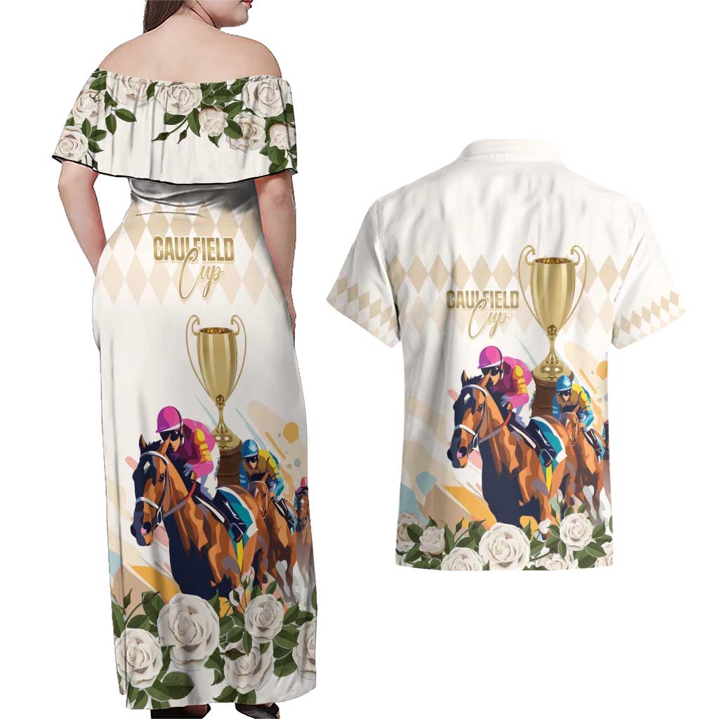 Australia Cup Caulfield Horse Racing Couples Matching Off Shoulder Maxi Dress and Hawaiian Shirt Champion Trophy Mix White Roses - Wonder Print Shop