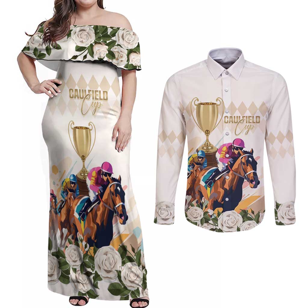Australia Cup Caulfield Horse Racing Couples Matching Off Shoulder Maxi Dress and Long Sleeve Button Shirt Champion Trophy Mix White Roses - Wonder Print Shop