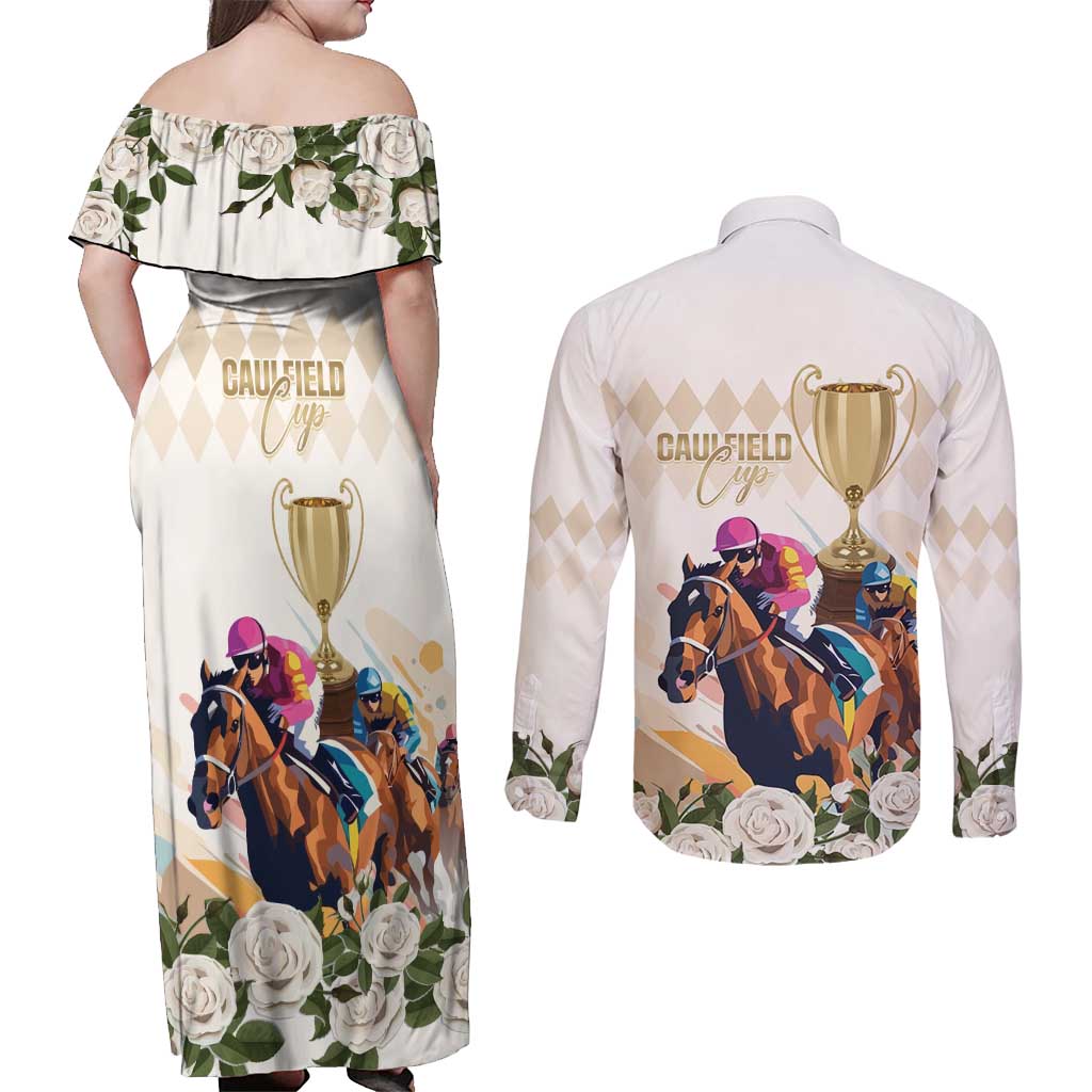 Australia Cup Caulfield Horse Racing Couples Matching Off Shoulder Maxi Dress and Long Sleeve Button Shirt Champion Trophy Mix White Roses - Wonder Print Shop