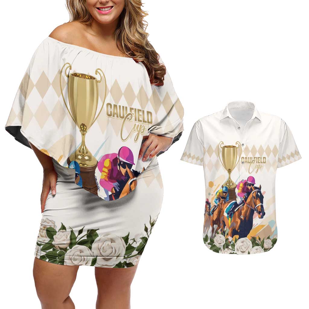 Australia Cup Caulfield Horse Racing Couples Matching Off Shoulder Short Dress and Hawaiian Shirt Champion Trophy Mix White Roses - Wonder Print Shop