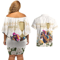 Australia Cup Caulfield Horse Racing Couples Matching Off Shoulder Short Dress and Hawaiian Shirt Champion Trophy Mix White Roses - Wonder Print Shop