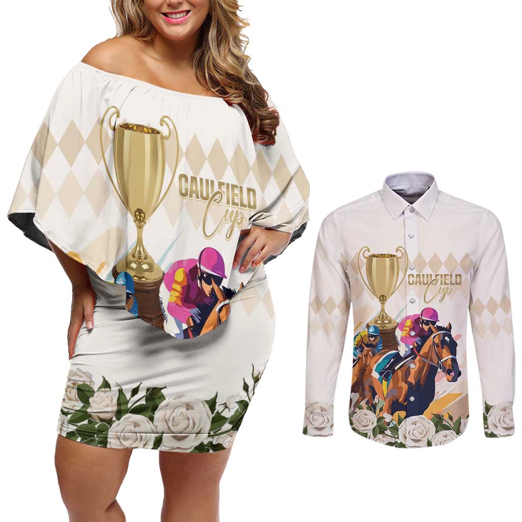 Australia Cup Caulfield Horse Racing Couples Matching Off Shoulder Short Dress and Long Sleeve Button Shirt Champion Trophy Mix White Roses - Wonder Print Shop