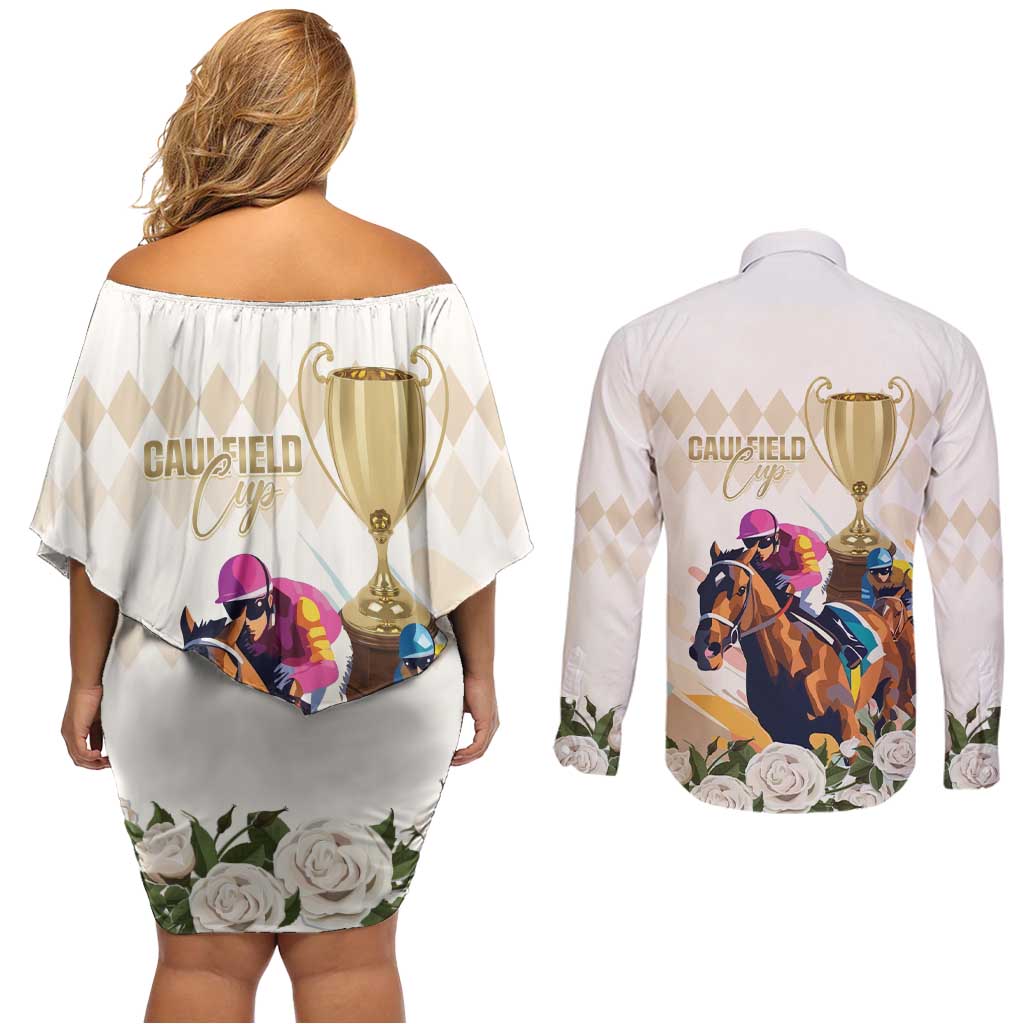 Australia Cup Caulfield Horse Racing Couples Matching Off Shoulder Short Dress and Long Sleeve Button Shirt Champion Trophy Mix White Roses - Wonder Print Shop