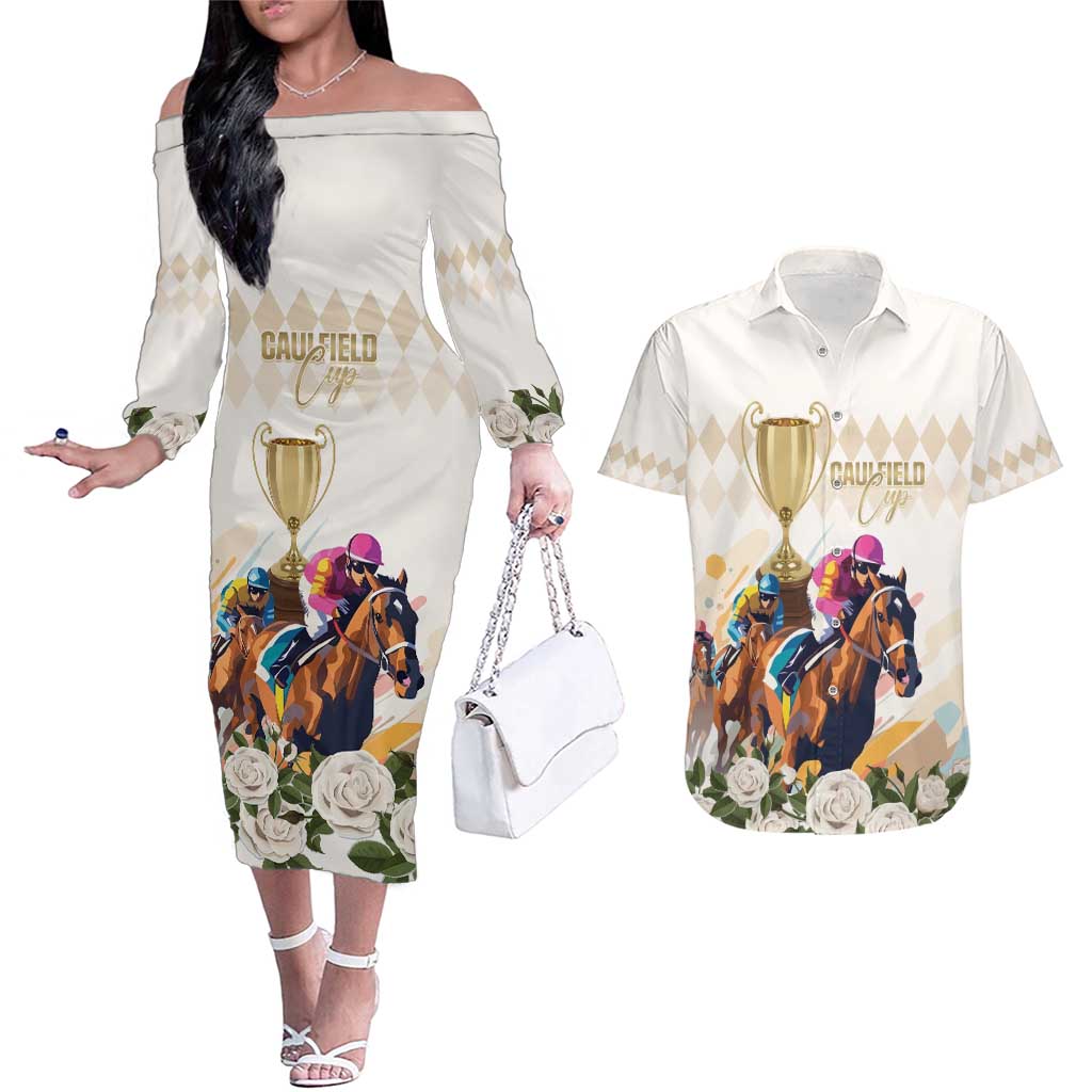 Australia Cup Caulfield Horse Racing Couples Matching Off The Shoulder Long Sleeve Dress and Hawaiian Shirt Champion Trophy Mix White Roses - Wonder Print Shop