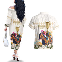 Australia Cup Caulfield Horse Racing Couples Matching Off The Shoulder Long Sleeve Dress and Hawaiian Shirt Champion Trophy Mix White Roses - Wonder Print Shop