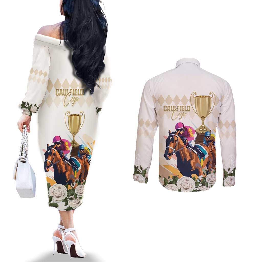 Australia Cup Caulfield Horse Racing Couples Matching Off The Shoulder Long Sleeve Dress and Long Sleeve Button Shirt Champion Trophy Mix White Roses - Wonder Print Shop