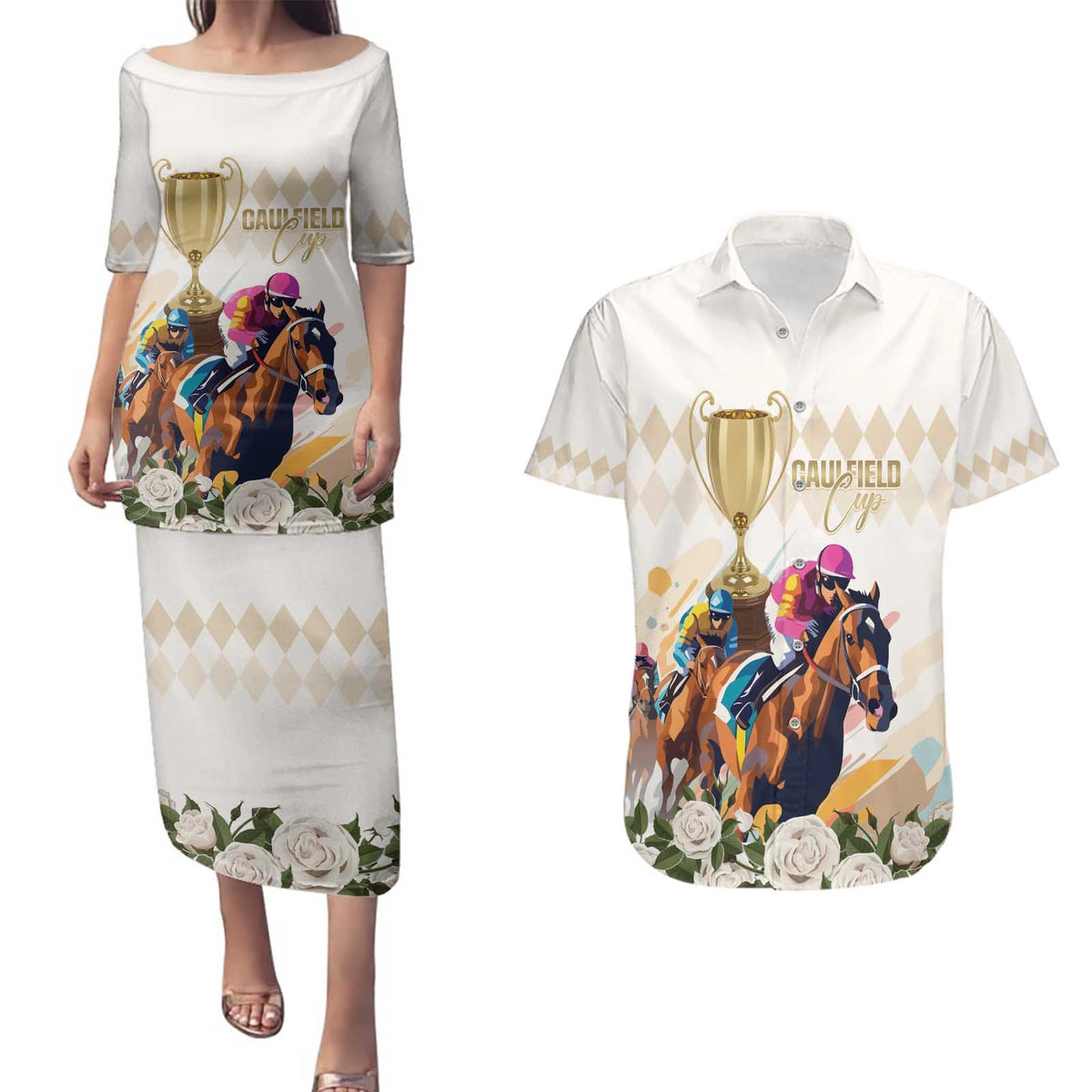 Australia Cup Caulfield Horse Racing Couples Matching Puletasi and Hawaiian Shirt Champion Trophy Mix White Roses - Wonder Print Shop