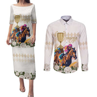 Australia Cup Caulfield Horse Racing Couples Matching Puletasi and Long Sleeve Button Shirt Champion Trophy Mix White Roses - Wonder Print Shop