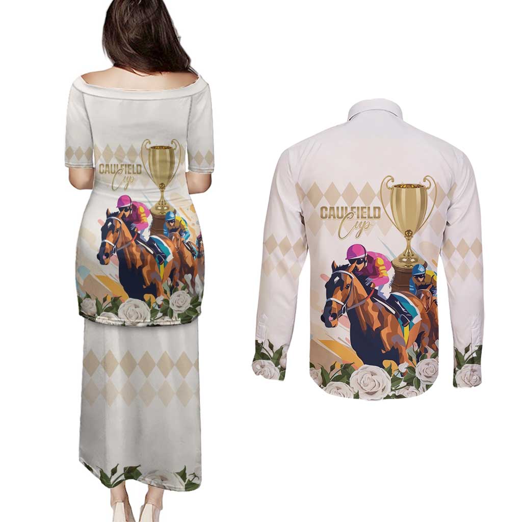 Australia Cup Caulfield Horse Racing Couples Matching Puletasi and Long Sleeve Button Shirt Champion Trophy Mix White Roses - Wonder Print Shop
