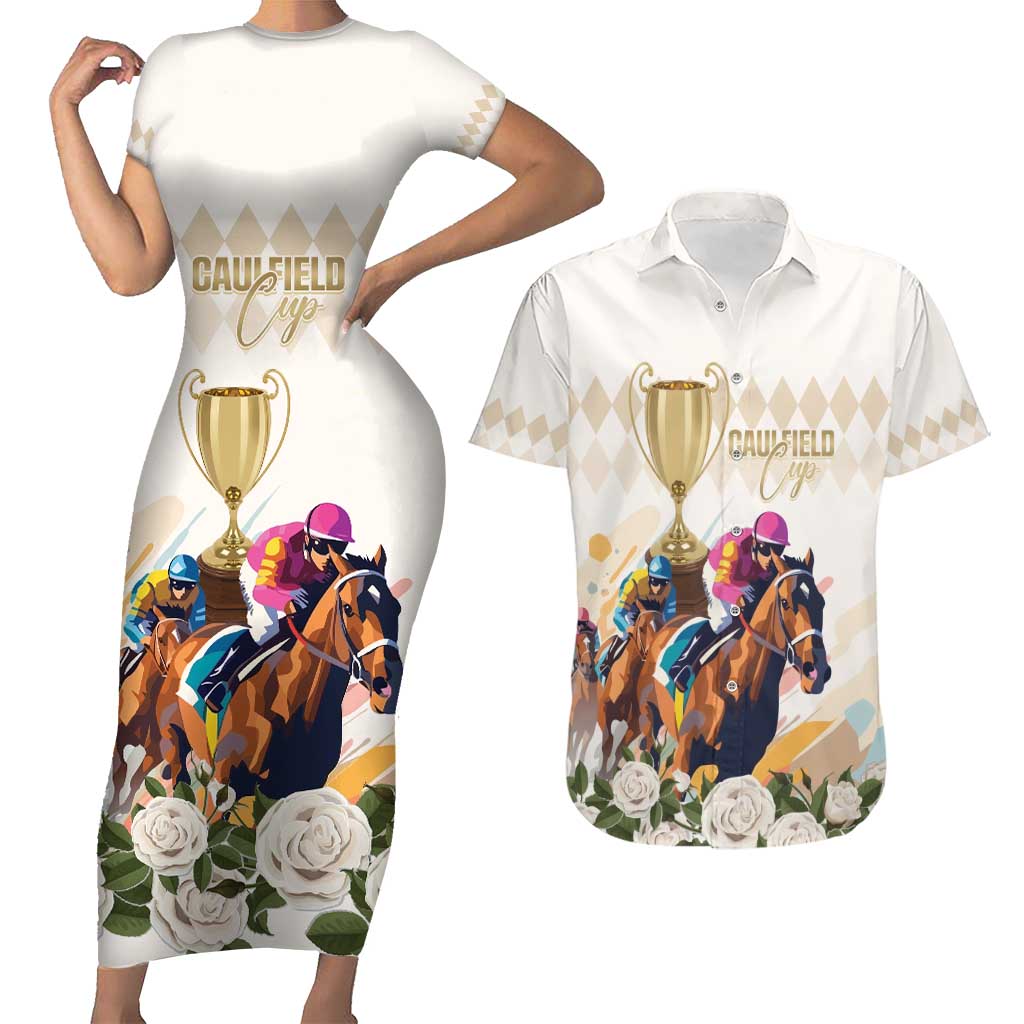 Australia Cup Caulfield Horse Racing Couples Matching Short Sleeve Bodycon Dress and Hawaiian Shirt Champion Trophy Mix White Roses - Wonder Print Shop