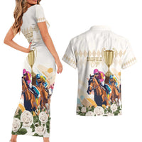 Australia Cup Caulfield Horse Racing Couples Matching Short Sleeve Bodycon Dress and Hawaiian Shirt Champion Trophy Mix White Roses - Wonder Print Shop