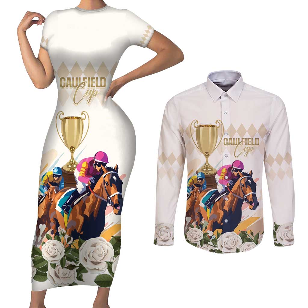 Australia Cup Caulfield Horse Racing Couples Matching Short Sleeve Bodycon Dress and Long Sleeve Button Shirt Champion Trophy Mix White Roses - Wonder Print Shop