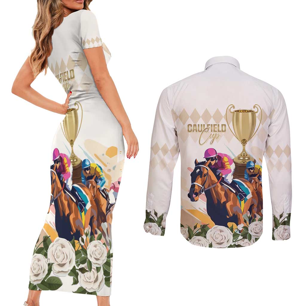 Australia Cup Caulfield Horse Racing Couples Matching Short Sleeve Bodycon Dress and Long Sleeve Button Shirt Champion Trophy Mix White Roses - Wonder Print Shop
