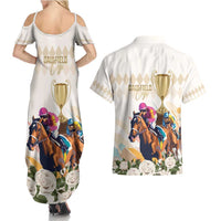 Australia Cup Caulfield Horse Racing Couples Matching Summer Maxi Dress and Hawaiian Shirt Champion Trophy Mix White Roses - Wonder Print Shop