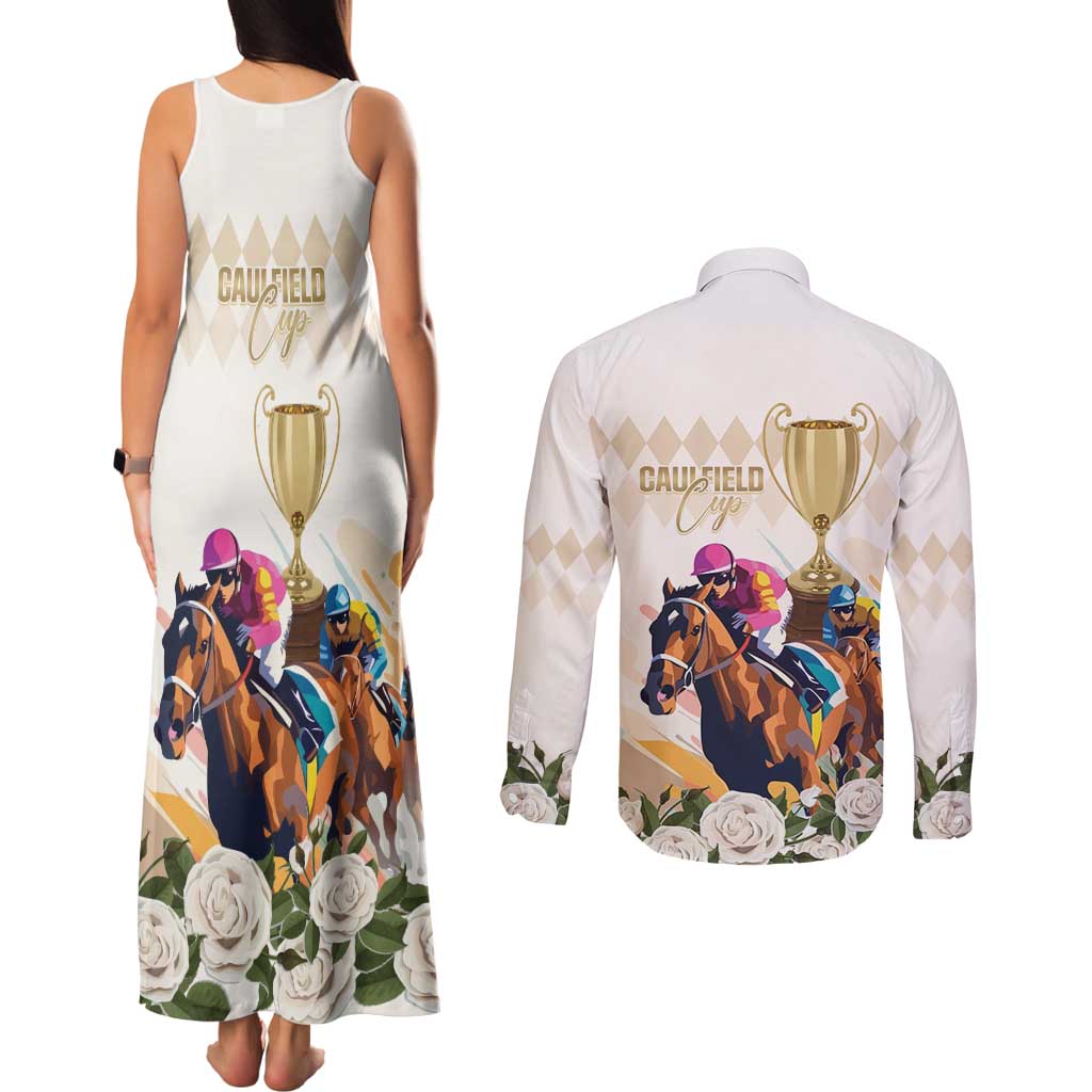Australia Cup Caulfield Horse Racing Couples Matching Tank Maxi Dress and Long Sleeve Button Shirt Champion Trophy Mix White Roses - Wonder Print Shop
