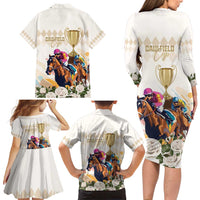 Australia Cup Caulfield Horse Racing Family Matching Long Sleeve Bodycon Dress and Hawaiian Shirt Champion Trophy Mix White Roses - Wonder Print Shop