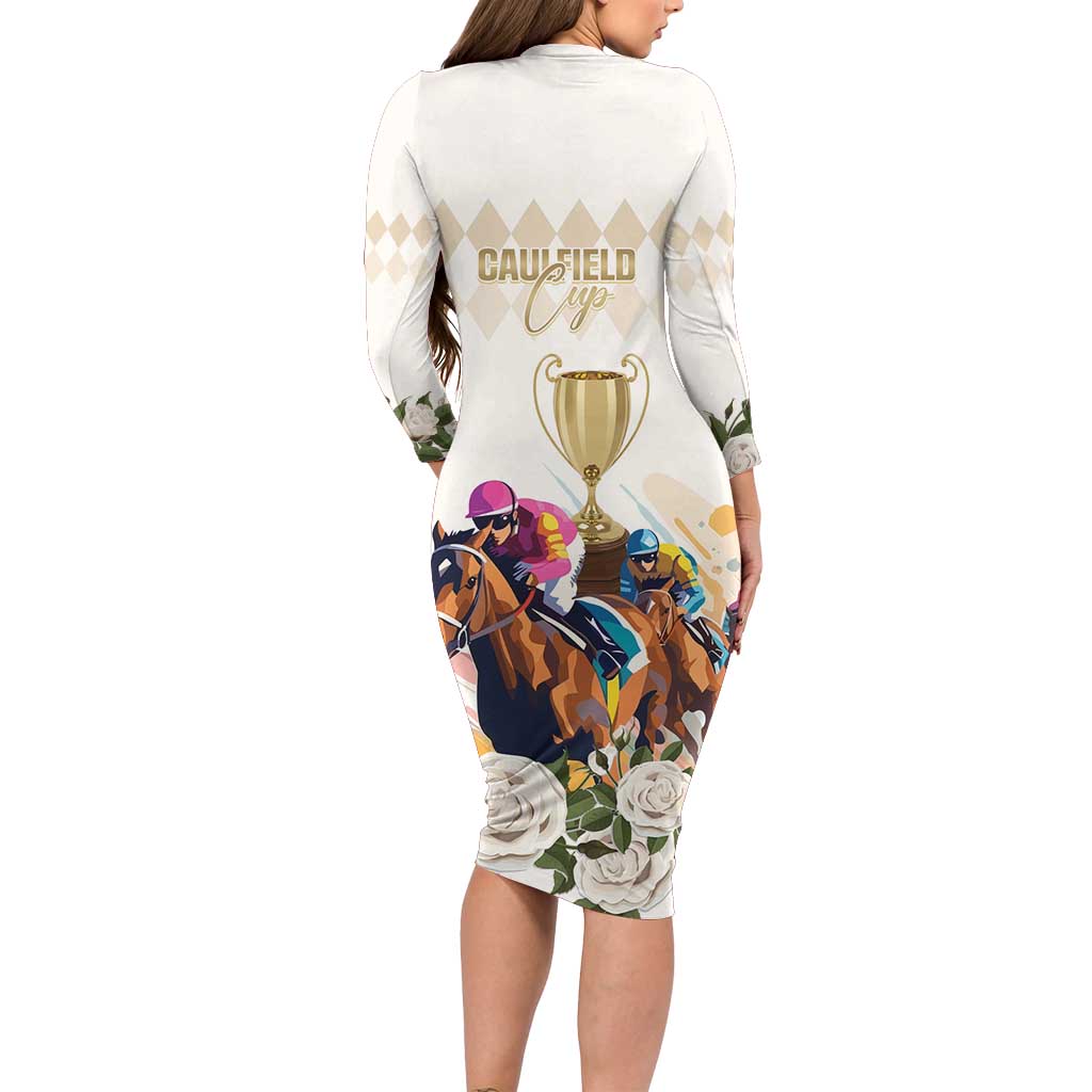 Australia Cup Caulfield Horse Racing Family Matching Long Sleeve Bodycon Dress and Hawaiian Shirt Champion Trophy Mix White Roses - Wonder Print Shop