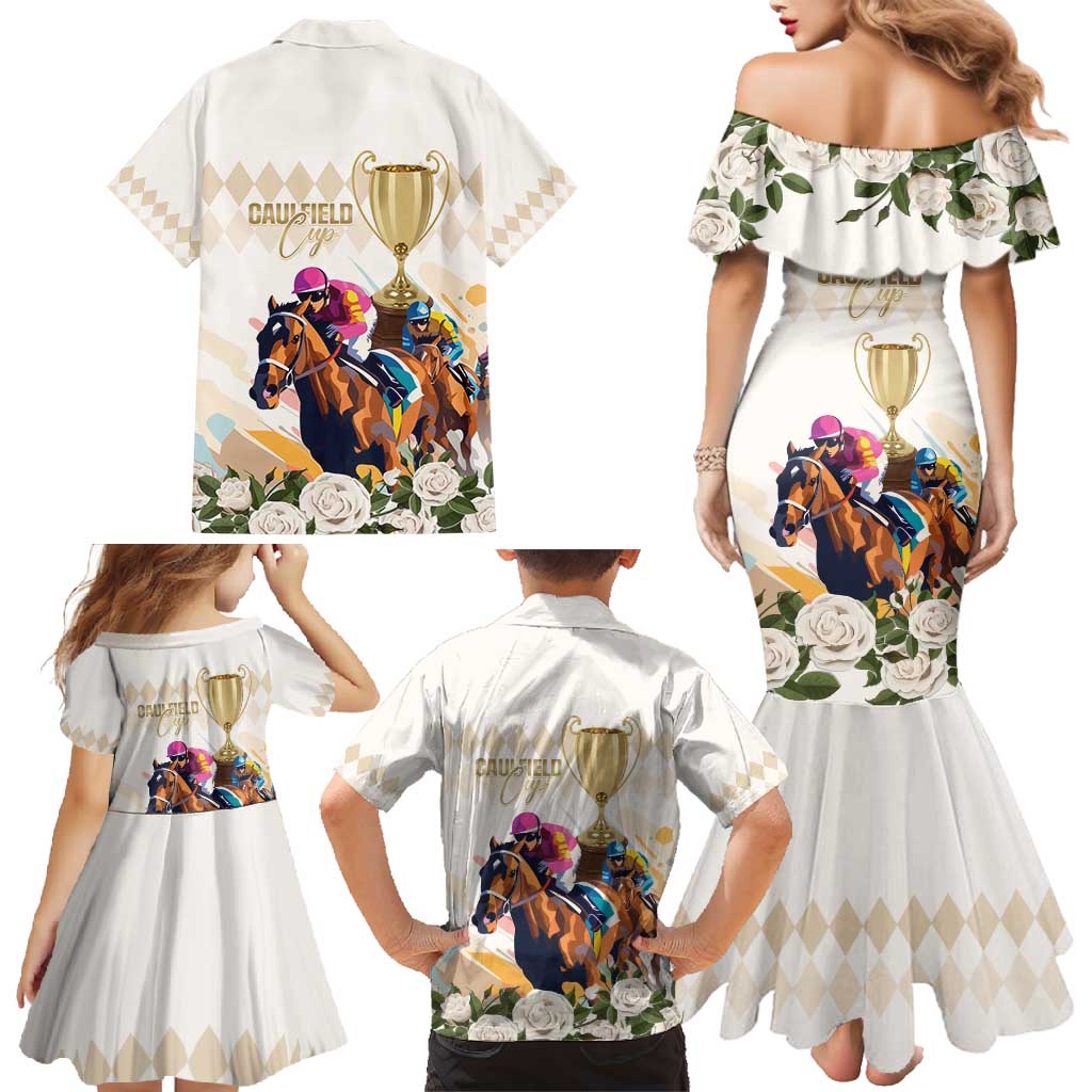 Australia Cup Caulfield Horse Racing Family Matching Mermaid Dress and Hawaiian Shirt Champion Trophy Mix White Roses - Wonder Print Shop