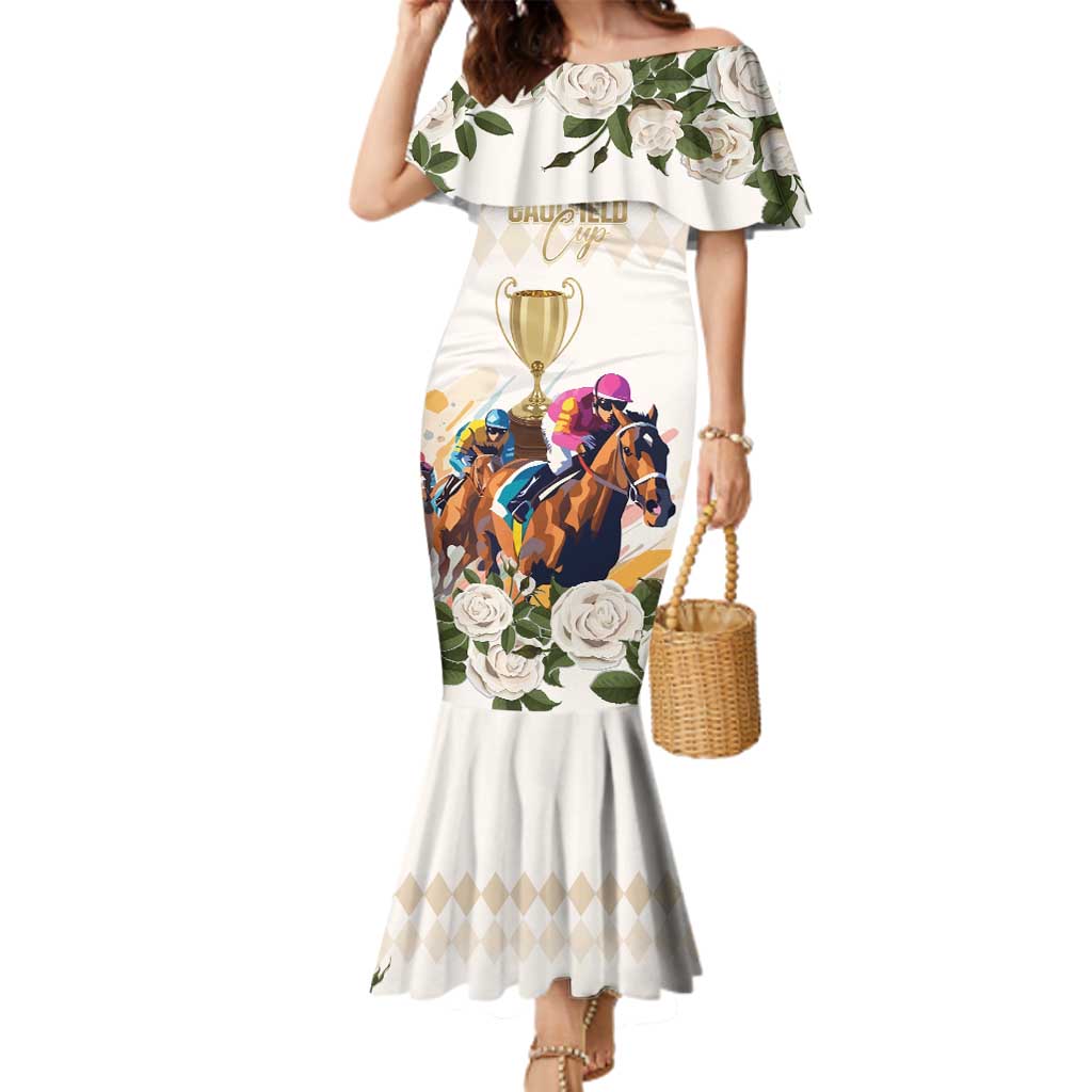 Australia Cup Caulfield Horse Racing Family Matching Mermaid Dress and Hawaiian Shirt Champion Trophy Mix White Roses - Wonder Print Shop