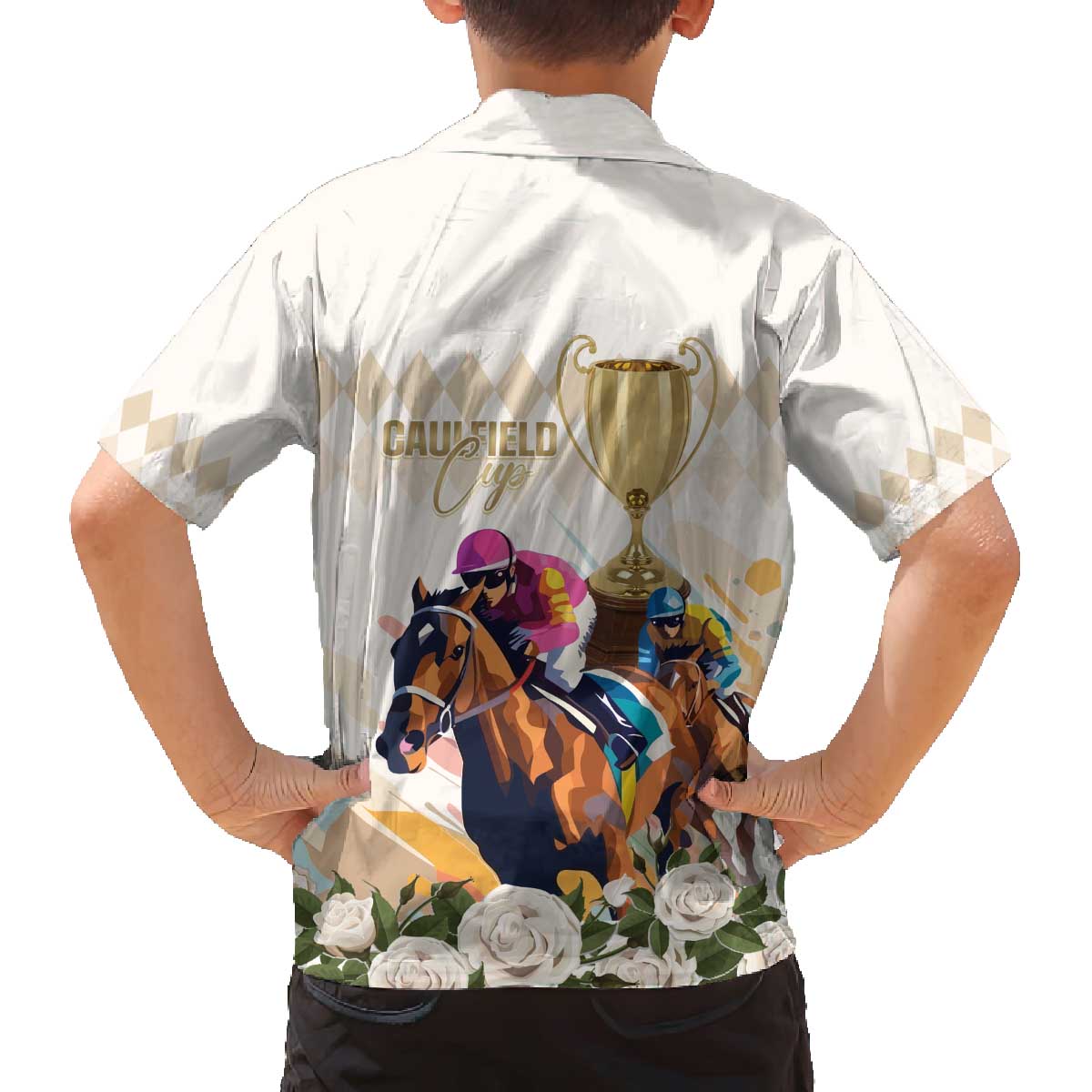 Australia Cup Caulfield Horse Racing Family Matching Off The Shoulder Long Sleeve Dress and Hawaiian Shirt Champion Trophy Mix White Roses - Wonder Print Shop