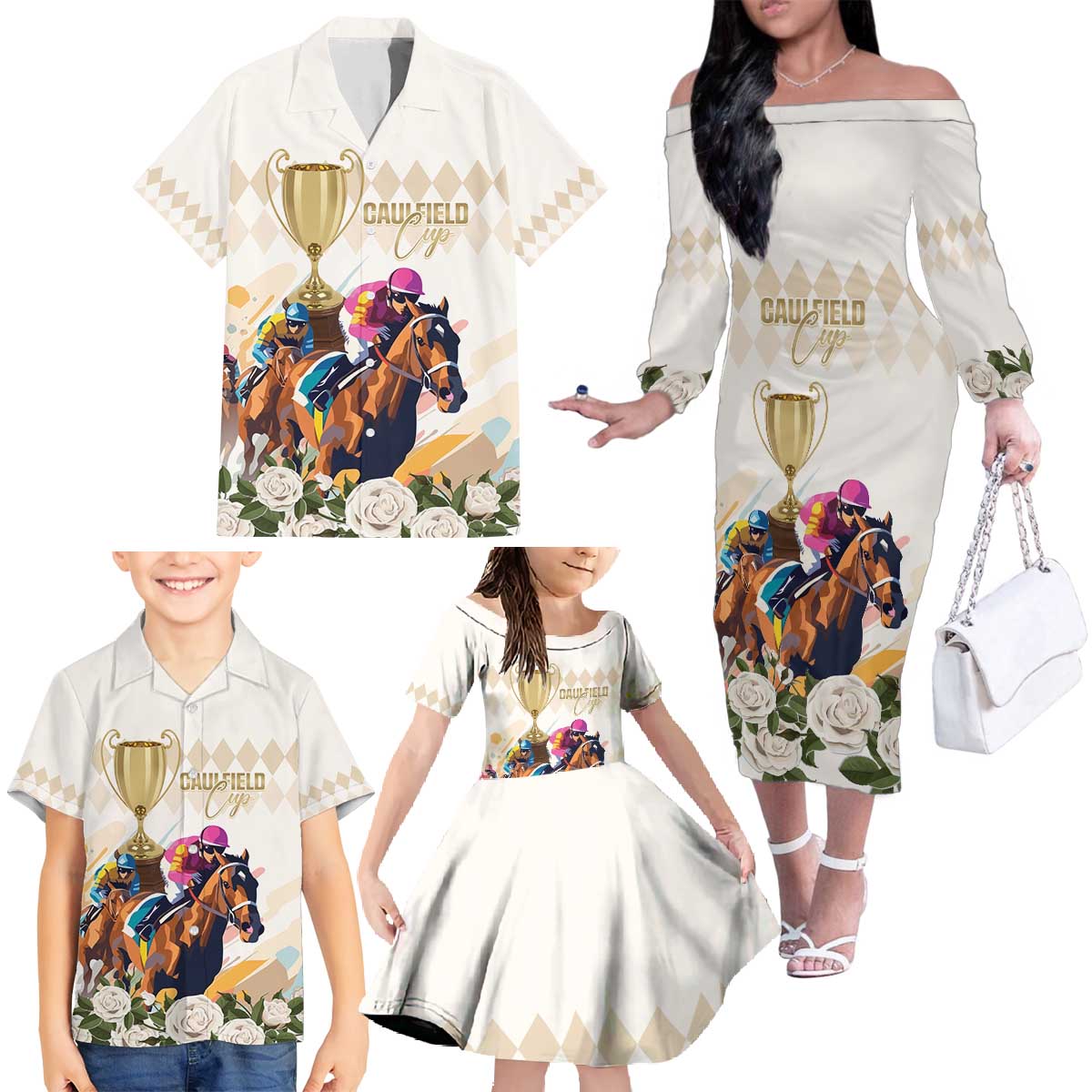 Australia Cup Caulfield Horse Racing Family Matching Off The Shoulder Long Sleeve Dress and Hawaiian Shirt Champion Trophy Mix White Roses - Wonder Print Shop