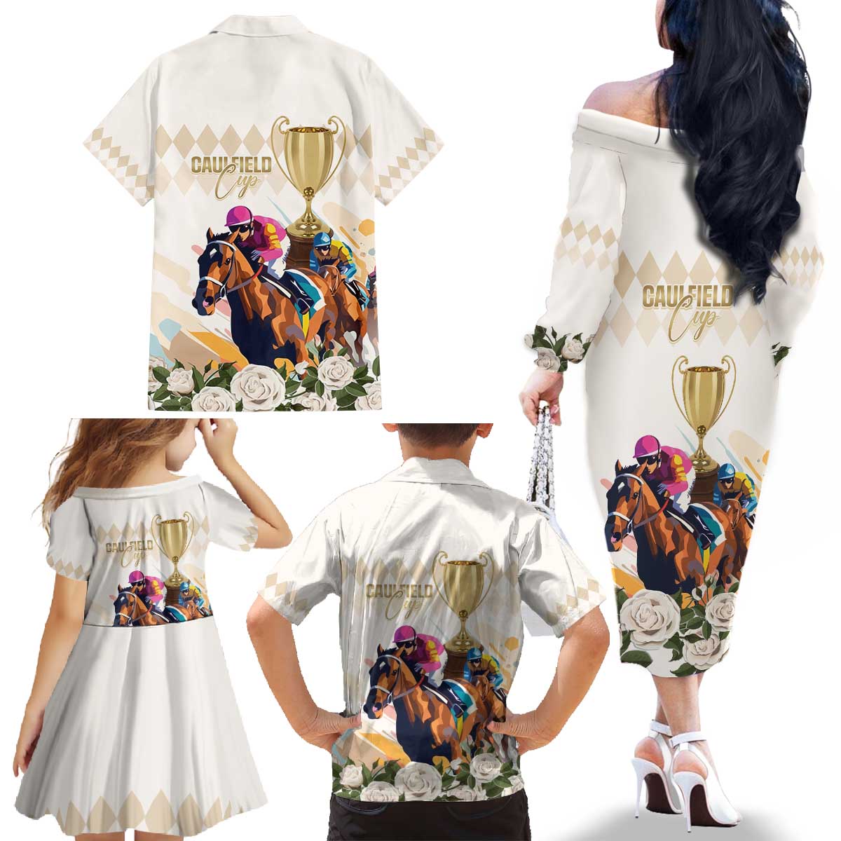 Australia Cup Caulfield Horse Racing Family Matching Off The Shoulder Long Sleeve Dress and Hawaiian Shirt Champion Trophy Mix White Roses - Wonder Print Shop