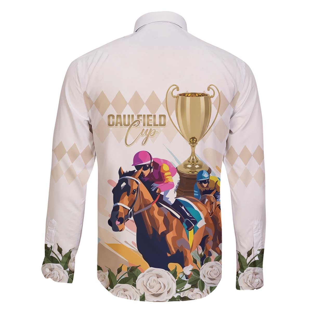 Australia Cup Caulfield Horse Racing Family Matching Off The Shoulder Long Sleeve Dress and Hawaiian Shirt Champion Trophy Mix White Roses - Wonder Print Shop