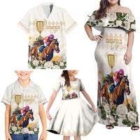 Australia Cup Caulfield Horse Racing Family Matching Off Shoulder Maxi Dress and Hawaiian Shirt Champion Trophy Mix White Roses - Wonder Print Shop