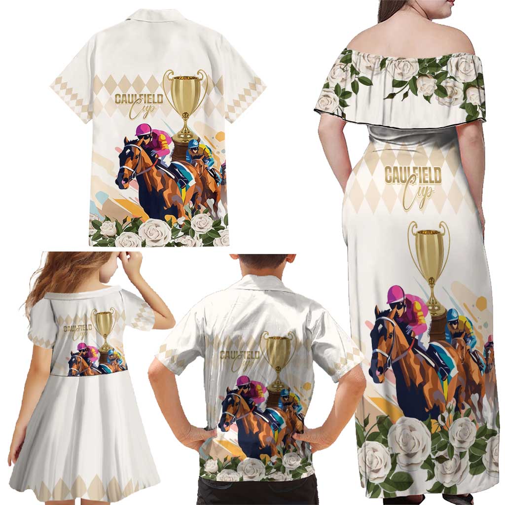 Australia Cup Caulfield Horse Racing Family Matching Off Shoulder Maxi Dress and Hawaiian Shirt Champion Trophy Mix White Roses - Wonder Print Shop