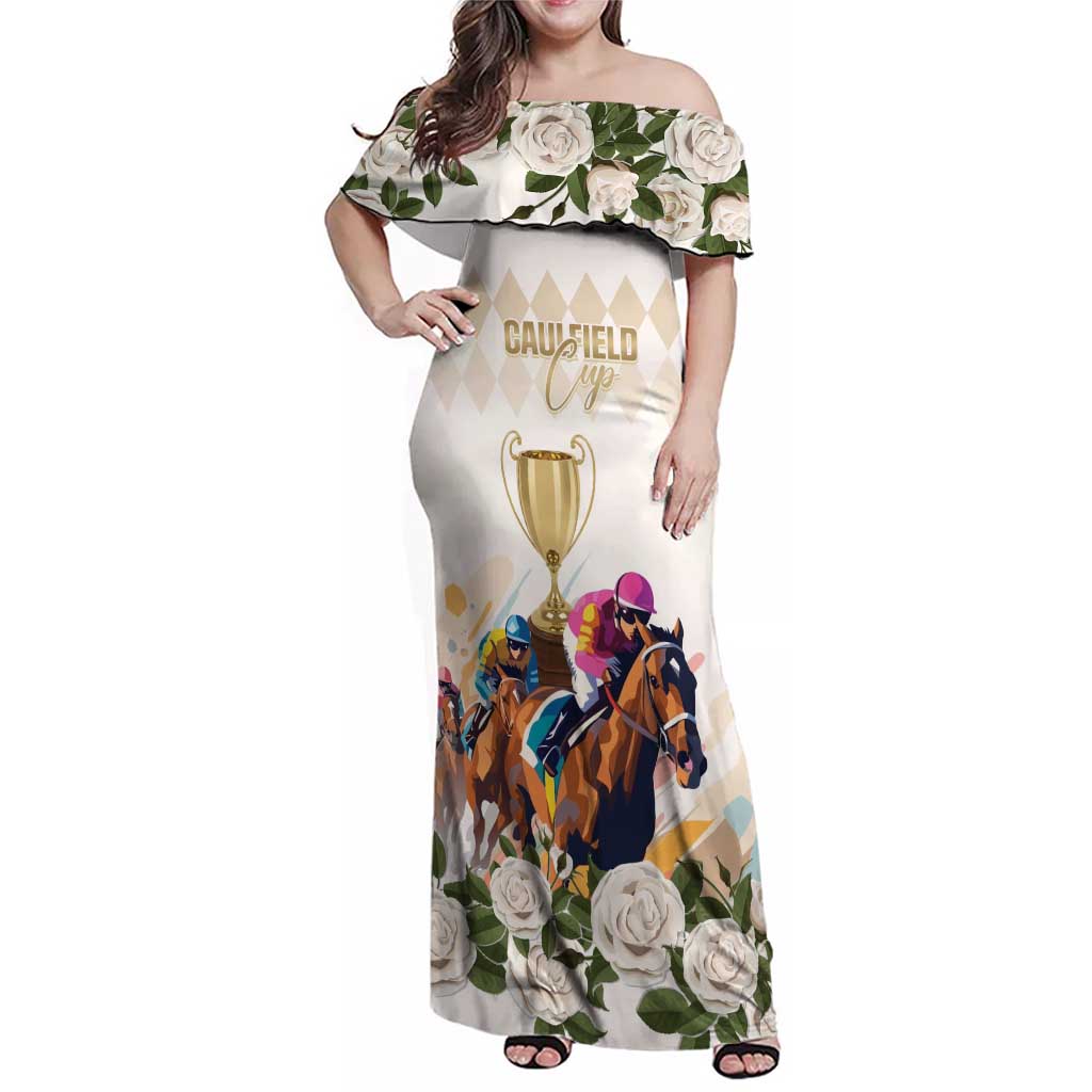 Australia Cup Caulfield Horse Racing Family Matching Off Shoulder Maxi Dress and Hawaiian Shirt Champion Trophy Mix White Roses - Wonder Print Shop