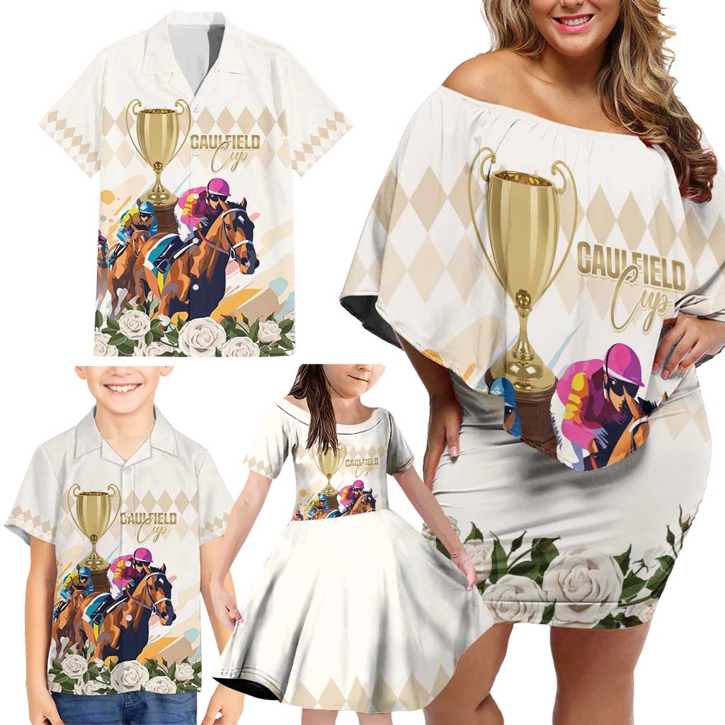 Australia Cup Caulfield Horse Racing Family Matching Off Shoulder Short Dress and Hawaiian Shirt Champion Trophy Mix White Roses - Wonder Print Shop