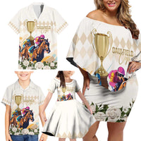 Australia Cup Caulfield Horse Racing Family Matching Off Shoulder Short Dress and Hawaiian Shirt Champion Trophy Mix White Roses - Wonder Print Shop