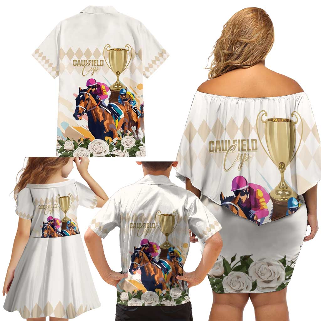 Australia Cup Caulfield Horse Racing Family Matching Off Shoulder Short Dress and Hawaiian Shirt Champion Trophy Mix White Roses - Wonder Print Shop