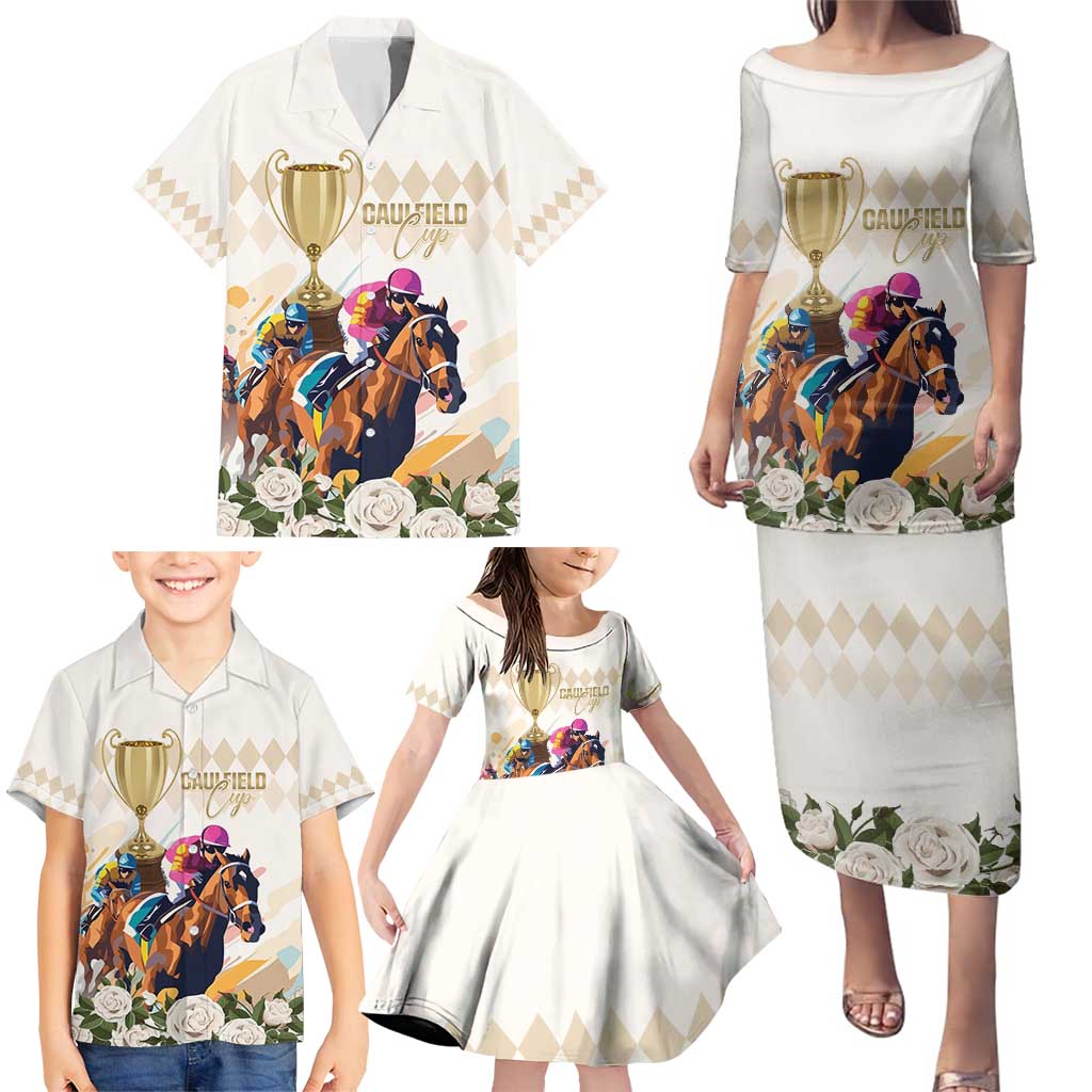 Australia Cup Caulfield Horse Racing Family Matching Puletasi and Hawaiian Shirt Champion Trophy Mix White Roses - Wonder Print Shop