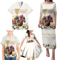 Australia Cup Caulfield Horse Racing Family Matching Puletasi and Hawaiian Shirt Champion Trophy Mix White Roses - Wonder Print Shop