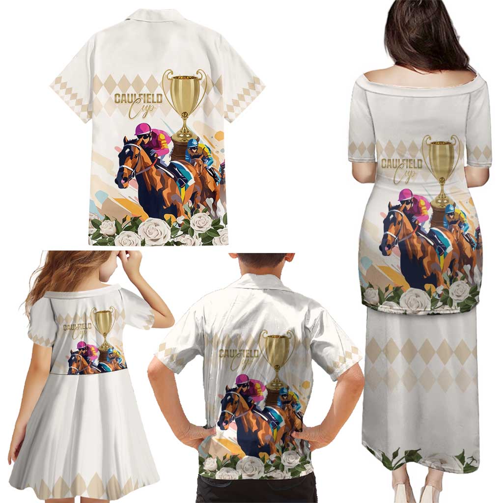 Australia Cup Caulfield Horse Racing Family Matching Puletasi and Hawaiian Shirt Champion Trophy Mix White Roses - Wonder Print Shop