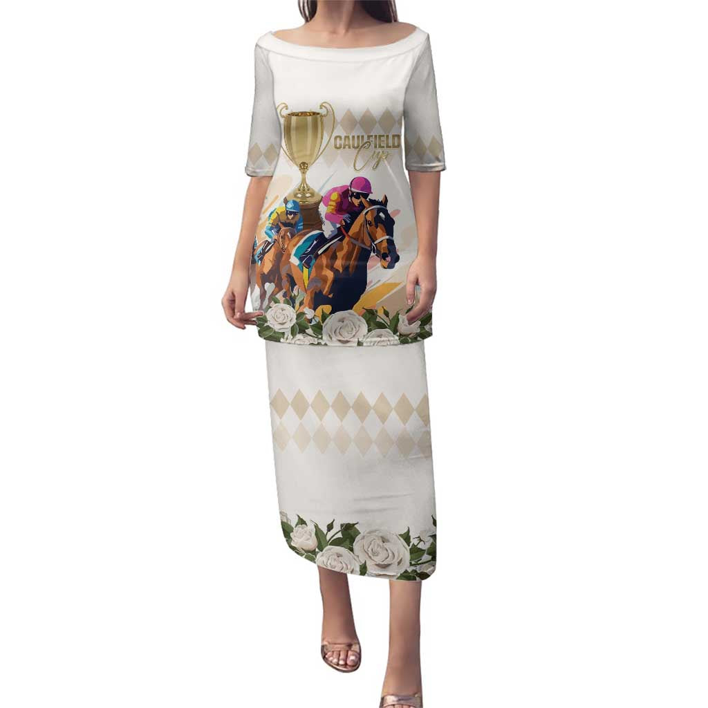 Australia Cup Caulfield Horse Racing Family Matching Puletasi and Hawaiian Shirt Champion Trophy Mix White Roses - Wonder Print Shop