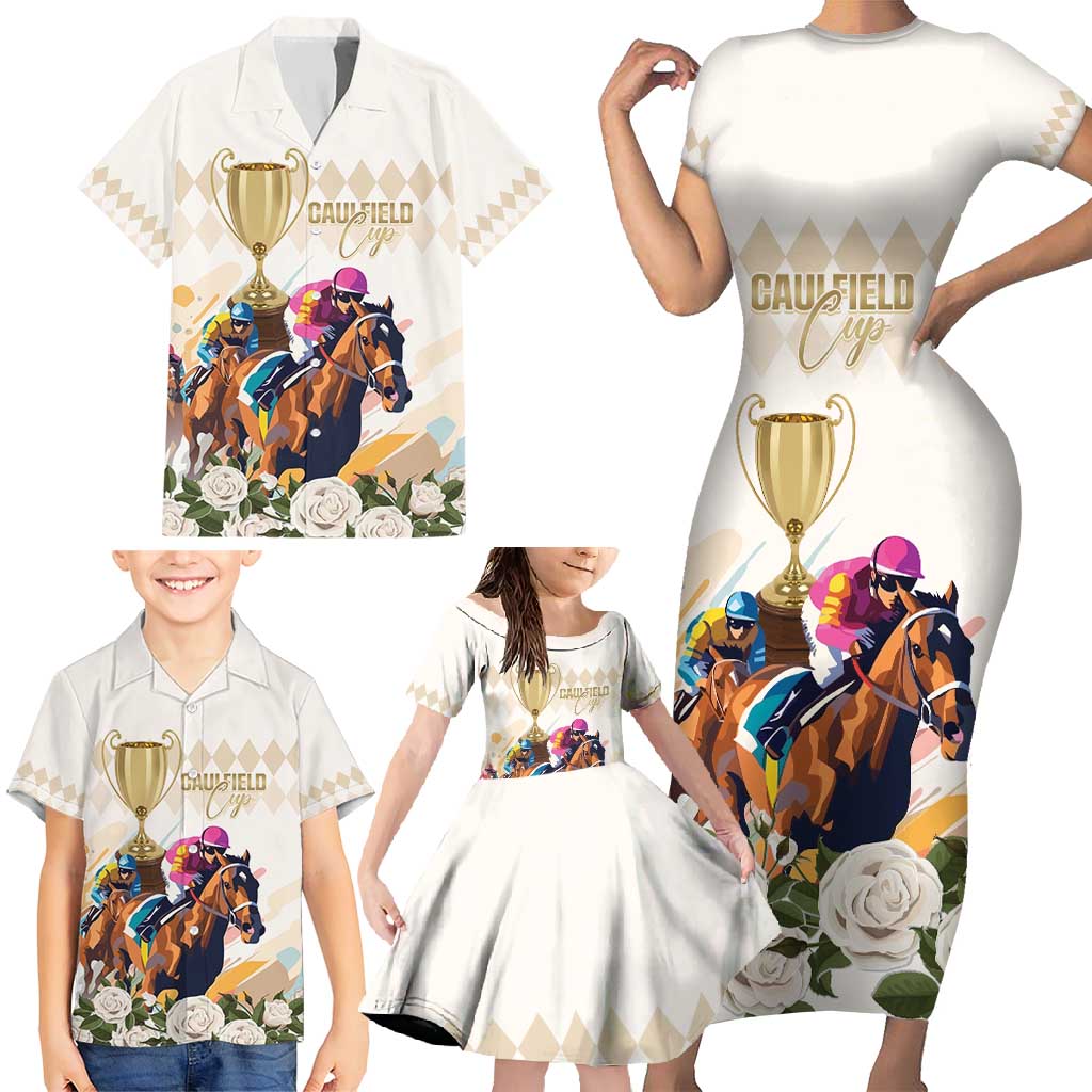 Australia Cup Caulfield Horse Racing Family Matching Short Sleeve Bodycon Dress and Hawaiian Shirt Champion Trophy Mix White Roses - Wonder Print Shop