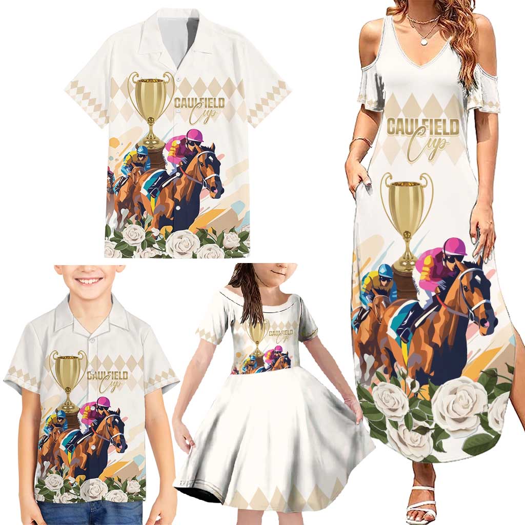 Australia Cup Caulfield Horse Racing Family Matching Summer Maxi Dress and Hawaiian Shirt Champion Trophy Mix White Roses - Wonder Print Shop