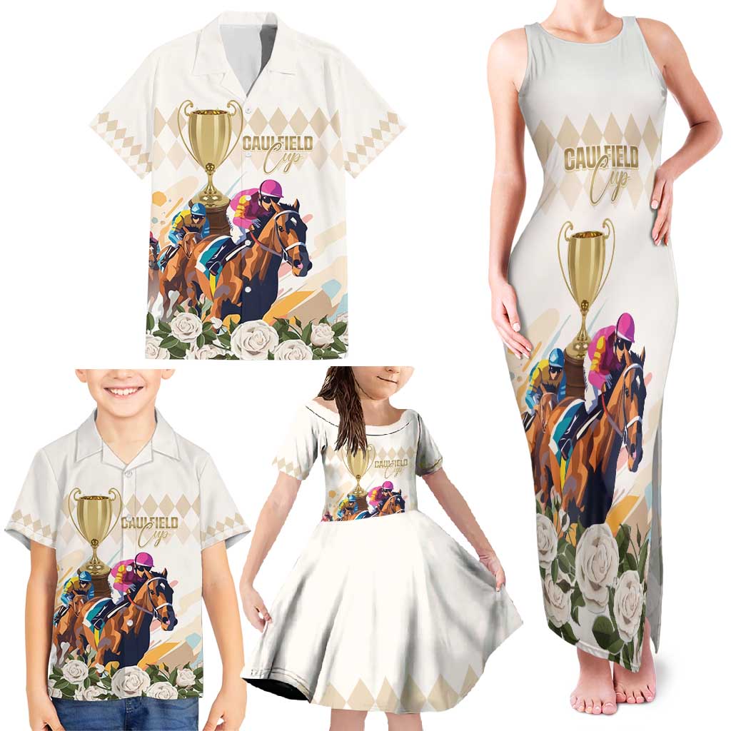 Australia Cup Caulfield Horse Racing Family Matching Tank Maxi Dress and Hawaiian Shirt Champion Trophy Mix White Roses - Wonder Print Shop
