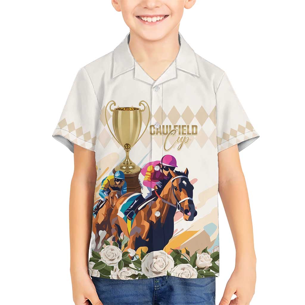 Australia Cup Caulfield Horse Racing Kid Hawaiian Shirt Champion Trophy Mix White Roses - Wonder Print Shop