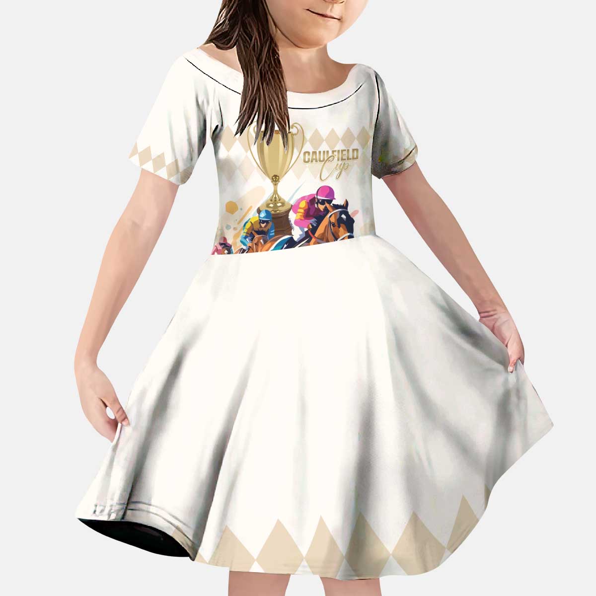Australia Cup Caulfield Horse Racing Kid Short Sleeve Dress Champion Trophy Mix White Roses - Wonder Print Shop