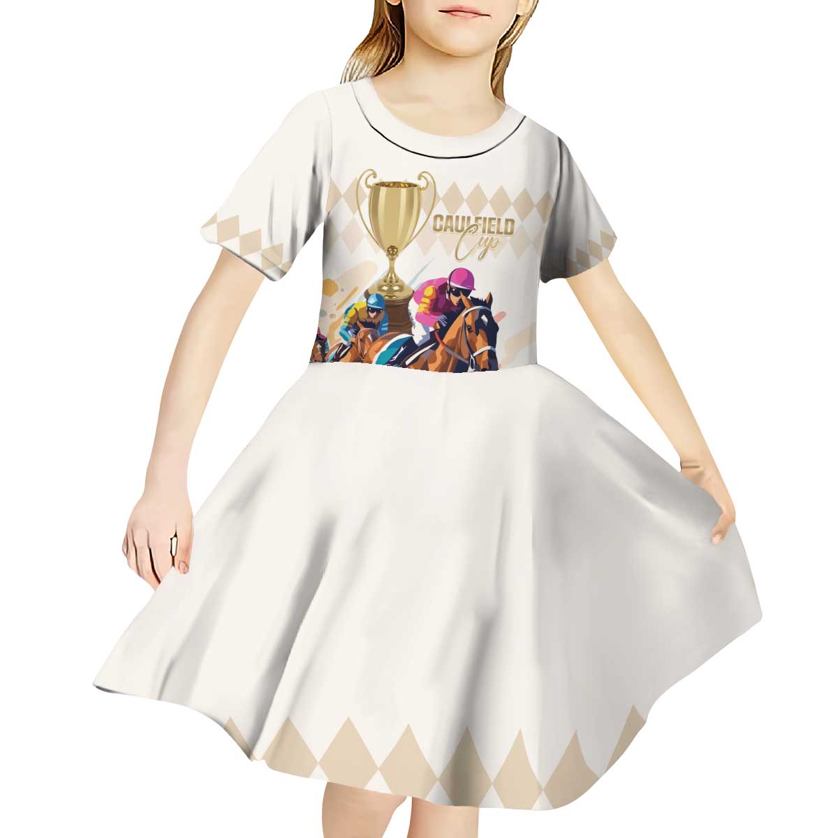 Australia Cup Caulfield Horse Racing Kid Short Sleeve Dress Champion Trophy Mix White Roses - Wonder Print Shop