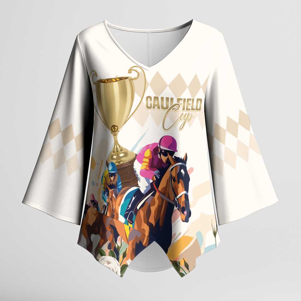 Australia Cup Caulfield Horse Racing Kimono Sleeve Blouse Champion Trophy Mix White Roses - Wonder Print Shop