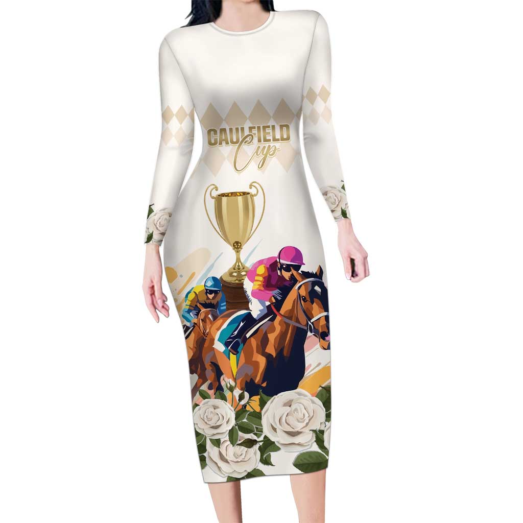 Australia Cup Caulfield Horse Racing Long Sleeve Bodycon Dress Champion Trophy Mix White Roses - Wonder Print Shop