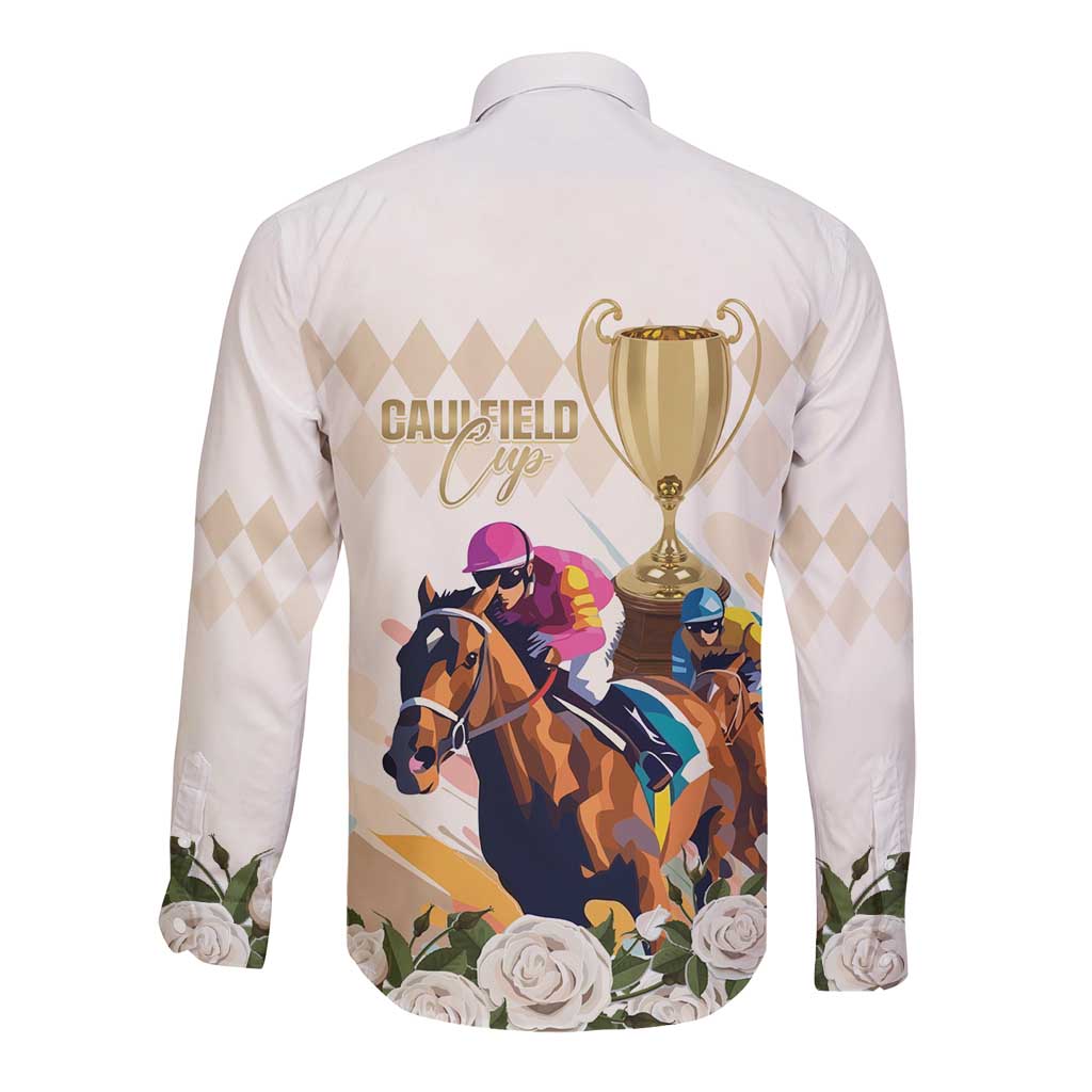 Australia Cup Caulfield Horse Racing Long Sleeve Button Shirt Champion Trophy Mix White Roses - Wonder Print Shop