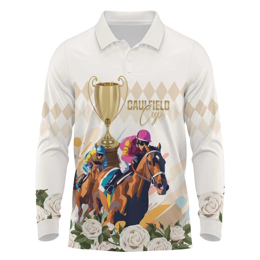 Australia Cup Caulfield Horse Racing Long Sleeve Polo Shirt Champion Trophy Mix White Roses - Wonder Print Shop